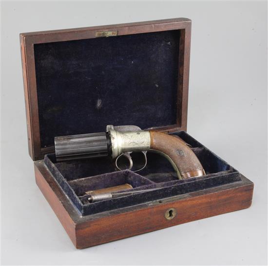 A cased percussion pepperbox six barrelled revolver, 7.75in.
